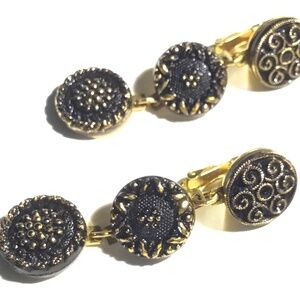 Antique Victorian Lacy Black Pressed Glass Buttons as Drop Earrings